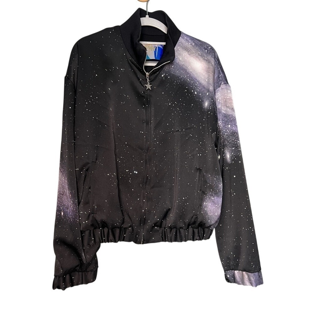 Pinko Galaxy Print Track Bomber Jacket In Black tech retro 80s style alien space - Picture 2 of 14